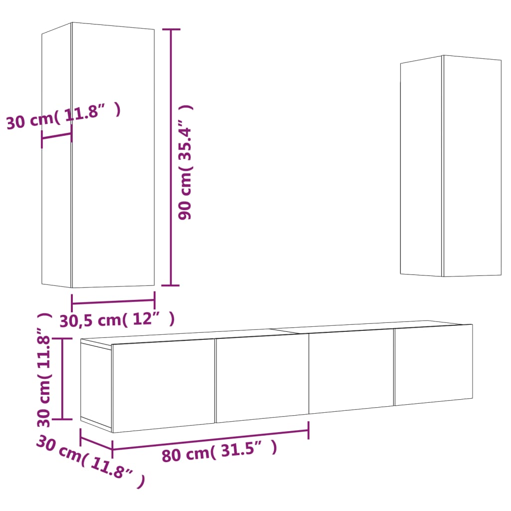 4 Piece TV Cabinet Set Smoked Oak Effect Particleboard