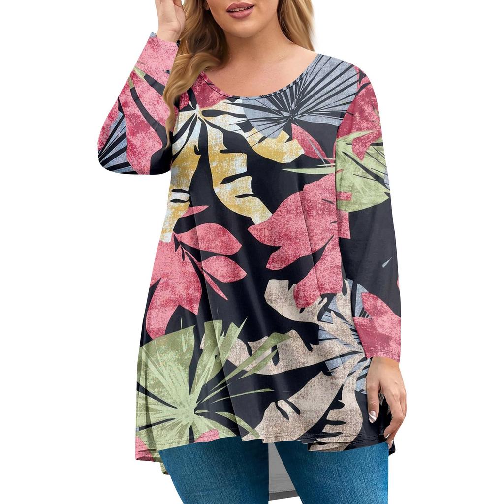 Women's plus size top, garden collar long sleeved shirt, fashionable floral print casual top