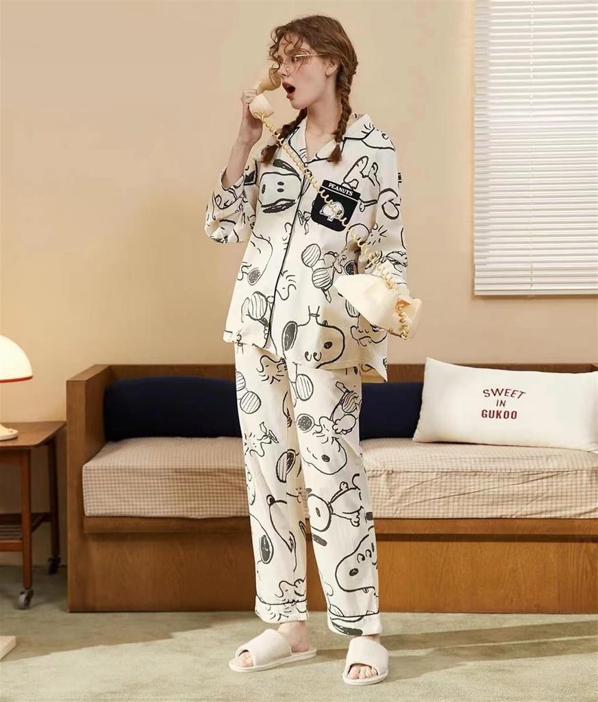 Snoopy Charlie Brown Pajamas Lounge Wear Top and Bottom Set Cotton Long Sleeve Open Front Loungewear Cute for Children Girls Adults Stylish Good