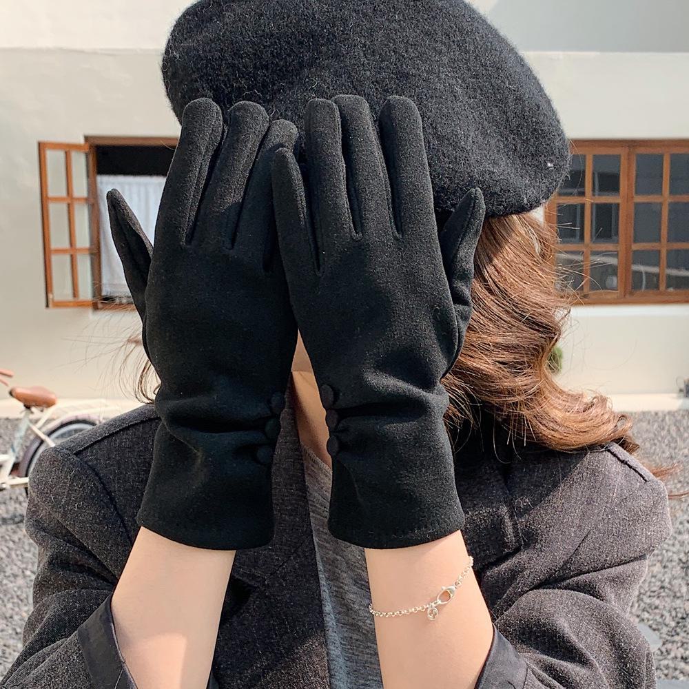 Solid Color Button Design Winter Gloves - Velvet Lined, Fashionable, Warm, Long Finger Cycling Gloves for Cold Protection