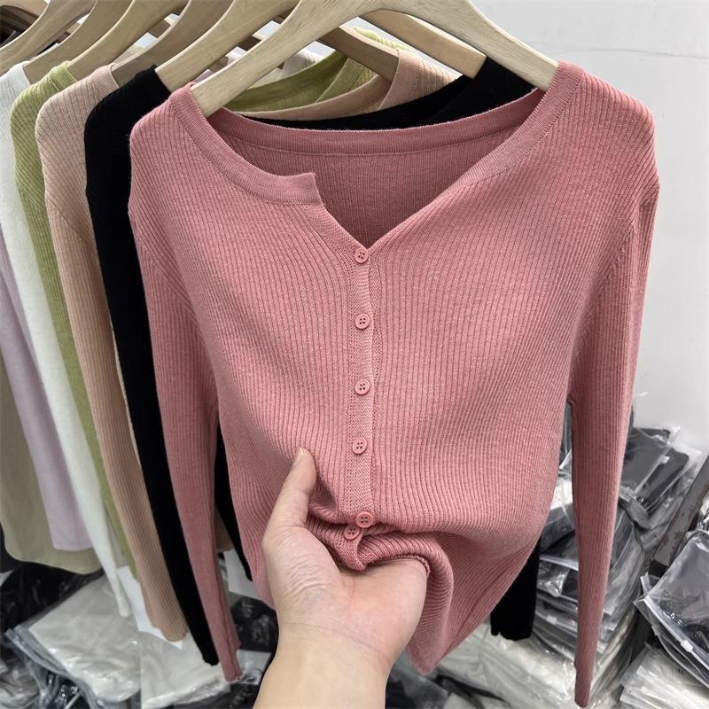 Nowa Wiosenna Bluzka z Długim Rękawem Miękka i Miękka Warstwa Bazowa w Stylu Koreańskim dla Kobiet Noszących Dzianinowe Kardigany, Krótki Sweter i Cienki Płaszcz