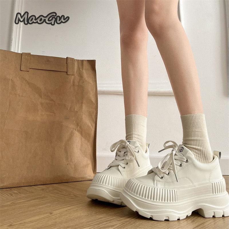 Fashion Thick Bottom Women's Casual Shoes Chunky Sneakers Black Beige Lace Up Height Increasing Sneakers for Woman Zapatillas De Mujer