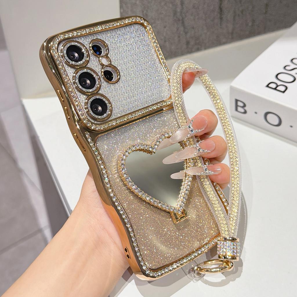 Gradient Glitter Rhinestone Phone Case For Samsung Galaxy S26 Ultra S25 S24 Plus Heart-shaped Mirror Stand Strap Bling Cover