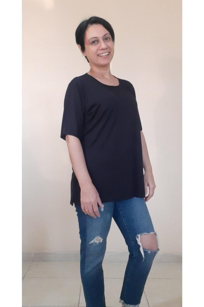 Damen Stil Übergröße T-Shirt Schwarz Kurzarm Rundhals Gekämmte Baumwolle Viskose T-Shirt