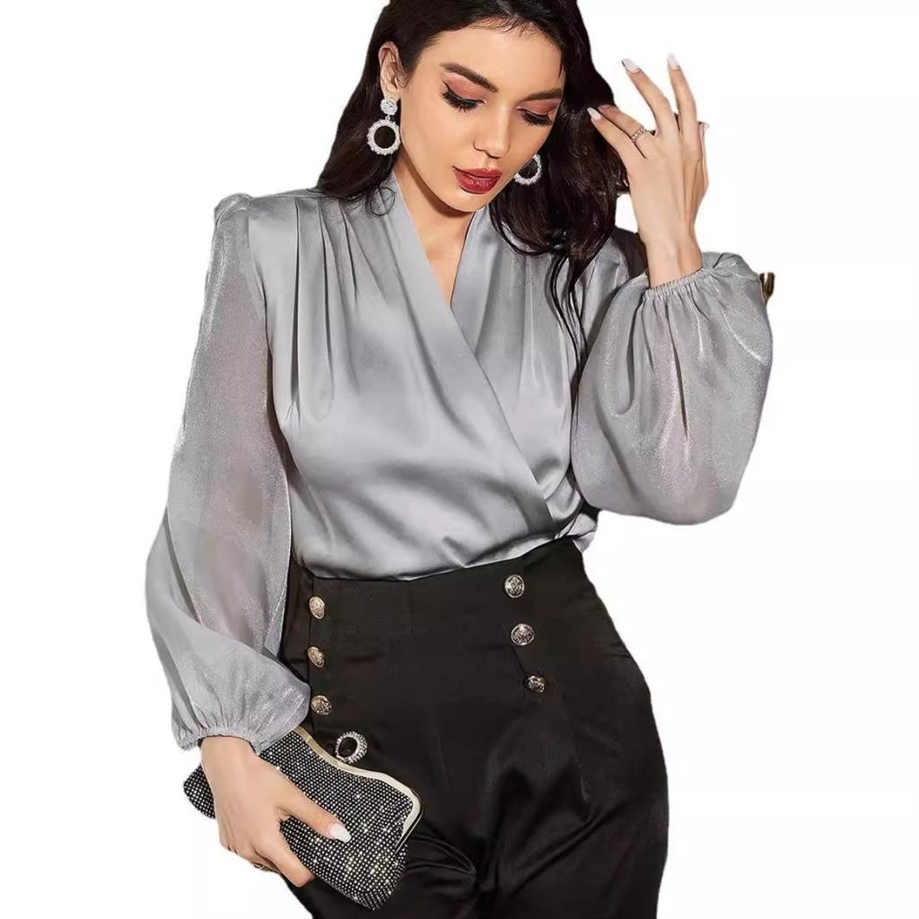 Blouses & Shirts - Fall Women's V-neck Patchwork Mesh Long Sleeve Elegant Blouse, Casual Fashion Top Women Daily Foreign Trade
