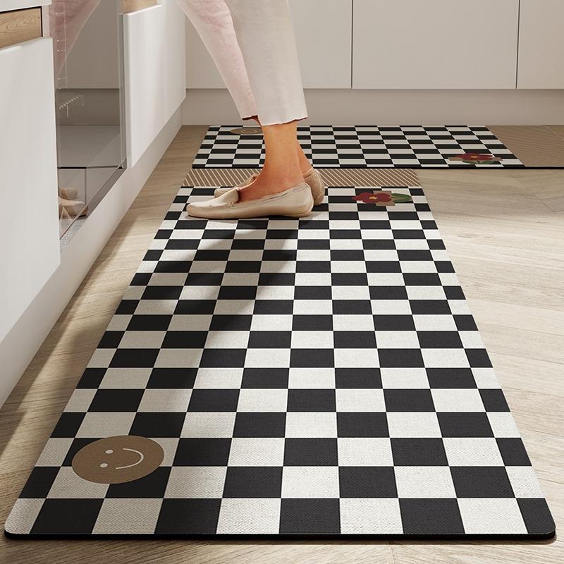 Kitchen Carpet Pvc Waterproof Leather Floor Mat Anti-slip Long Foot Mats Black Plaid Checkerboard Carpets Home Decoration Rug