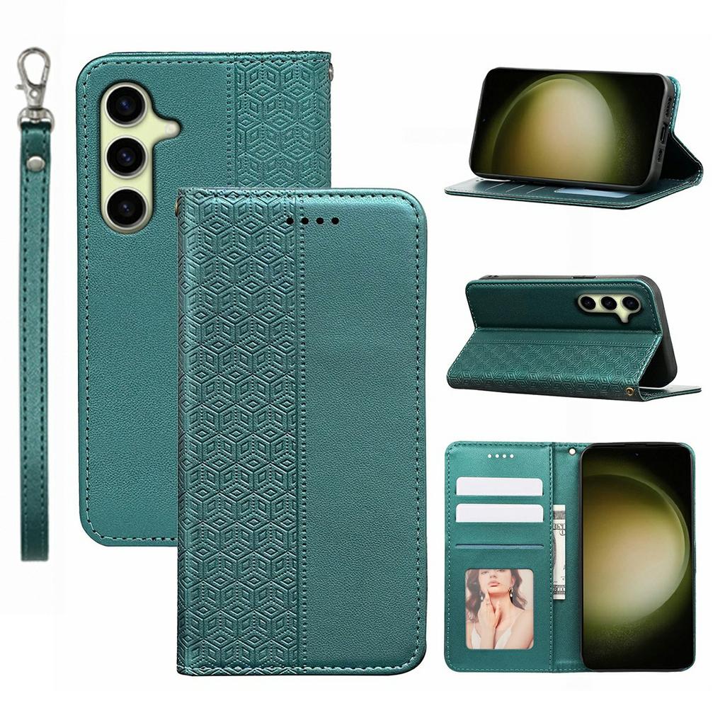 For Samsung Galaxy S26 Wallet Phone Case Checkered Pattern Imprint Leather Flip Cover with Wrist Strap
