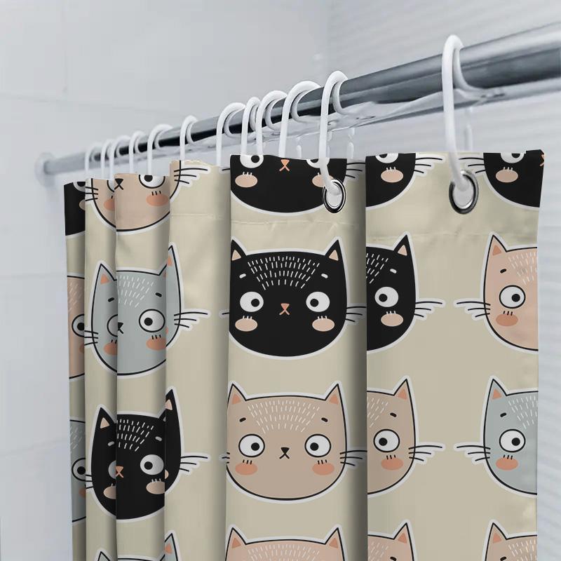 Cute Cat Shower Curtain Modern Bathroom Decor For Kids Room Black White Pink Blue Cartoon Pattern Print Waterproof Fabric With H