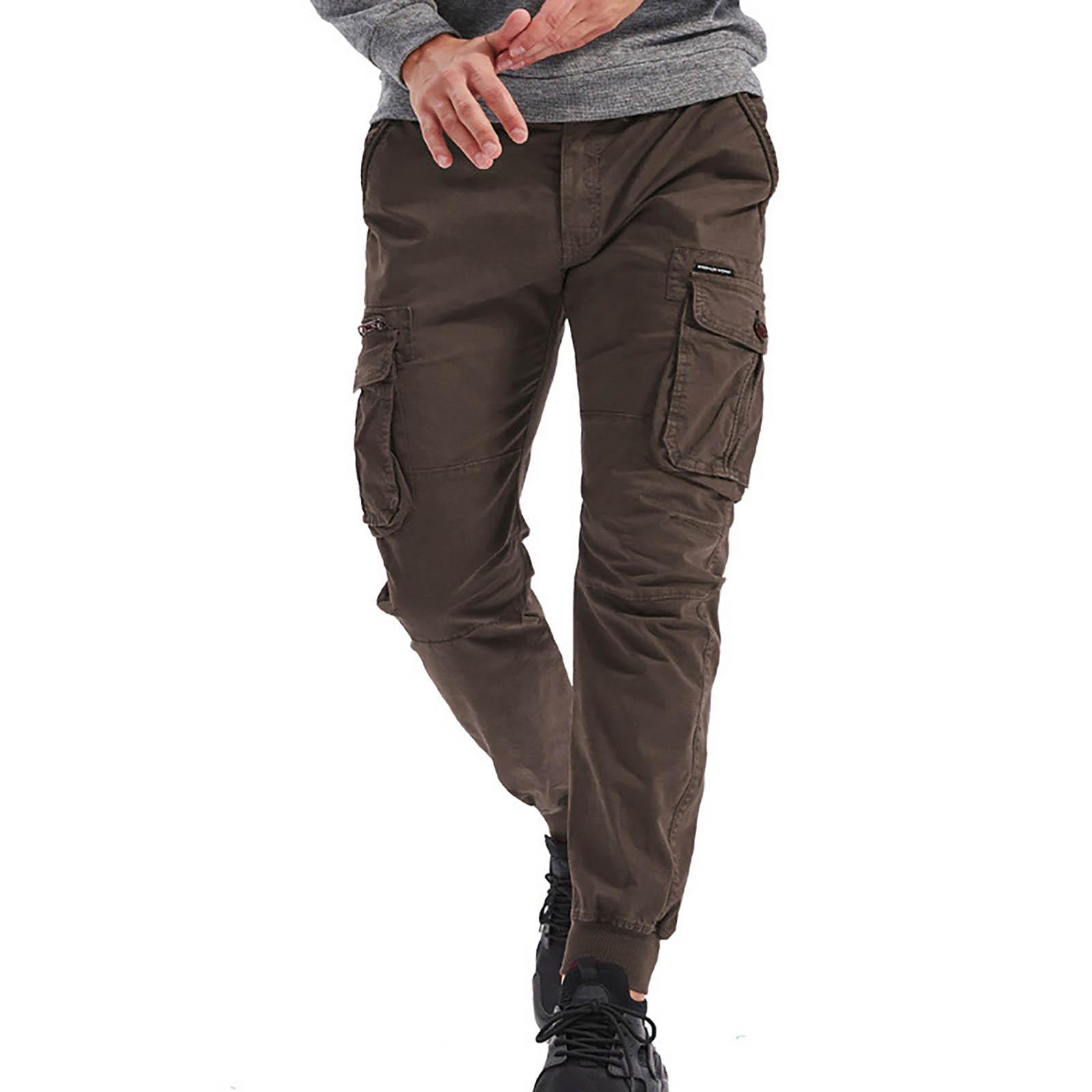 Men s Casual Pants Color Workwear Casual Multi-pocket Drawstring Cargo Pants 32 кофейный