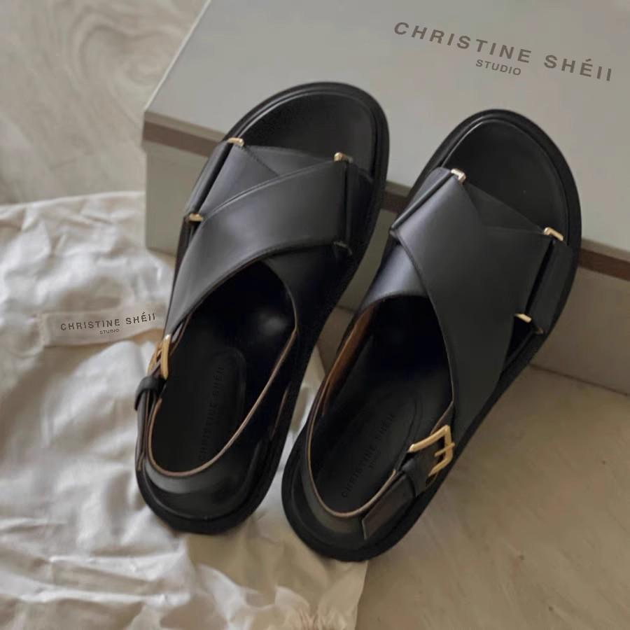 [Shei Su Yinyin] Classic~ Imported Fetal Sheepskin Cross with Open-toed Casual Thick-soled Roman Sandals Women's Summer