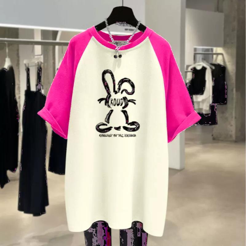 Short-sleeved T-shirt for Women's Pure Cotton Summer New Rabbit Graffiti Korean Loose and Fashionable Mid-length Top