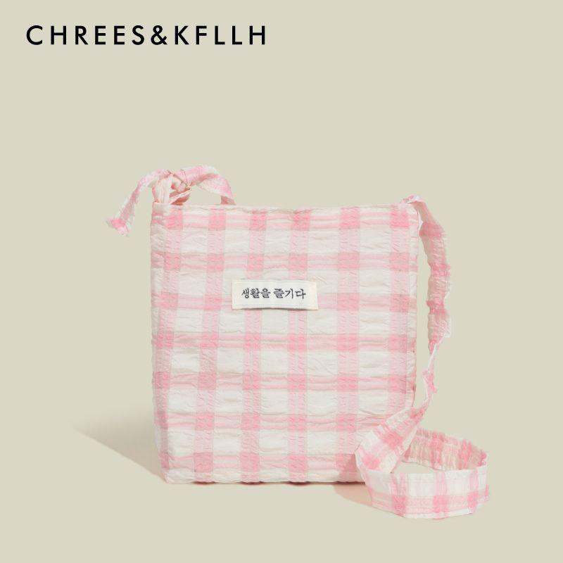 

Chrees & Kfllh Summer Plaid Canvas Small Backpack Bag Women 2025 New Casual Shoulder Shoulder Mobile Phone Bag Pink White Lattice