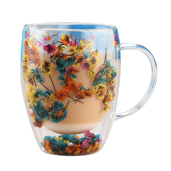 

Кружка стеклянная с двойными стенками 350 мл термостойкая чашка для кофе, чая с цветочным узором, изолированная кружка для горячего и холодного A