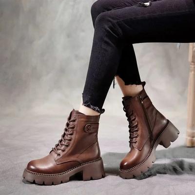 Trend Damen Schuhe Herbst Rutschfeste Lederstiefel Reißverschluss Runde Zehenschuhe für Damen Prägnante Freizeit Nähen Plateau-Stiefel Botas Mujer