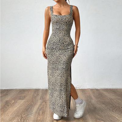 Sommer Quadratkragen Leopardenmuster Seitenschlitz Langes Kleid Damen Streetwear Bodycon Kleid sexy Ärmellos Hohe Taille Tankkleider