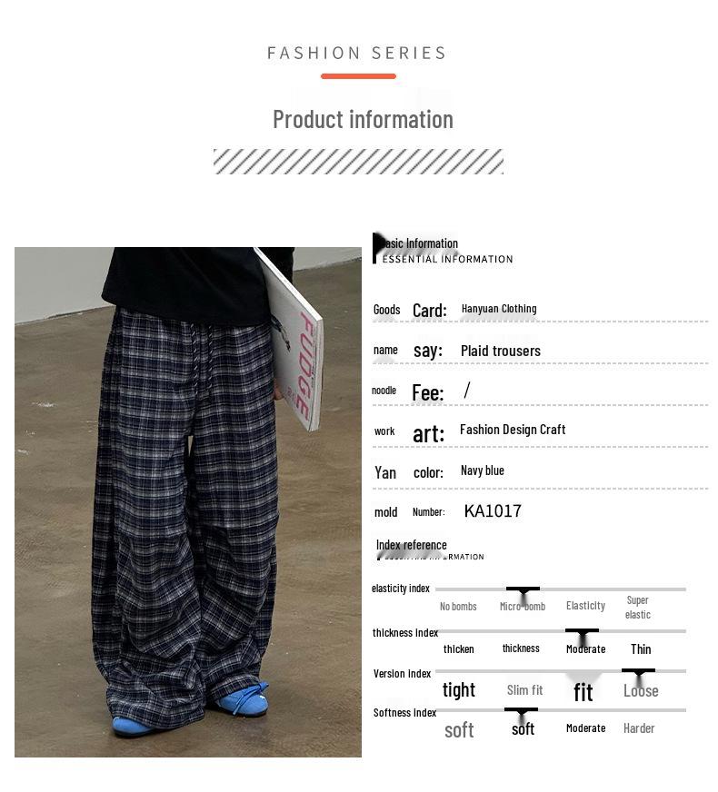 Navy Blue Retro Plaid Wide-Leg Elastic Drawstring Trousers for Women and Children - Autumn/Winter Fashion