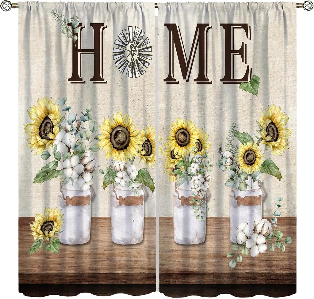 Sunflower Curtains for Kitchen,Black Pithy Rustic Sunshine Beautiful Wonderful Sunflower Plant Flower Butterfly Window Drapes