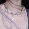 Silver Wing Crucifix Tassels Leather Choker Necklace Adjustable Length Clavicle Chain Stylish Accessory for Trendy Youth
