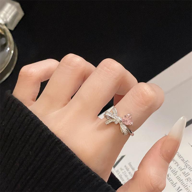 Rosa Zirkon Serie Süßer Super Flash Fee Gas Voll Diamant Öffnungsring Nische Design Schleife Mode Zeigefingerring