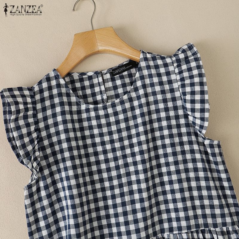 ZANZEA Women Plaid Print Casual Round Neck Sleeveless Tank Tops