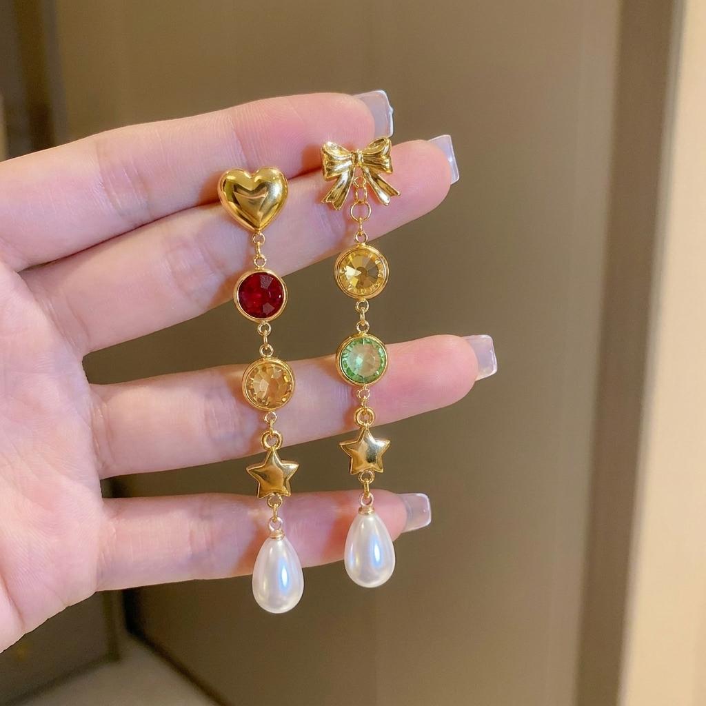Stainless Steel Butterfly Heart Earrings for Women Colorful Crystal Imitation Pearl Tassel Long Drop Jewelry Party Accessories