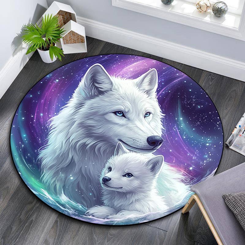 Weißer Wolf Runder Teppich, Teppich für Wohnzimmer Schlafzimmer Sofa Spielzimmer Dekor, Rutschfeste Bodenmatte
