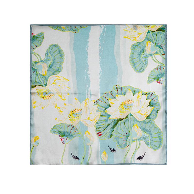 Guofeng new Chinese style Hangzhou silk mulberry silk silk scarf green lotus silk small square scarf neck gift 53*53cm