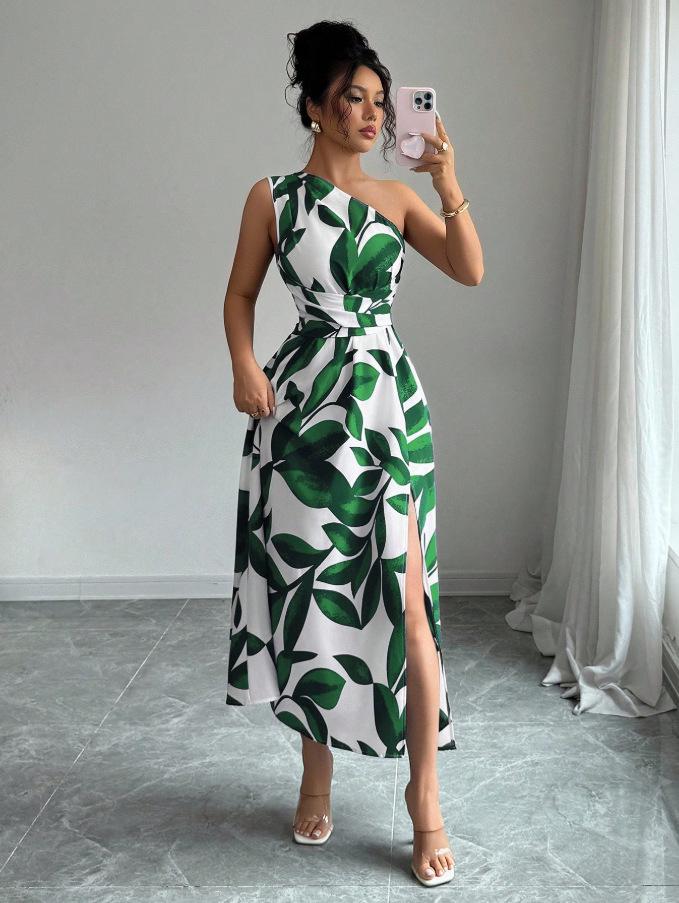 Elegant Tropical Print One-Shoulder Slit Dress - Perfect for Resort Style