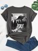 T-shirt z okrągłym dekoltem i nadrukiem kota i UFO, casualowy t-shirt z krótkim rękawem na wiosnę i lato, odzież unisex
