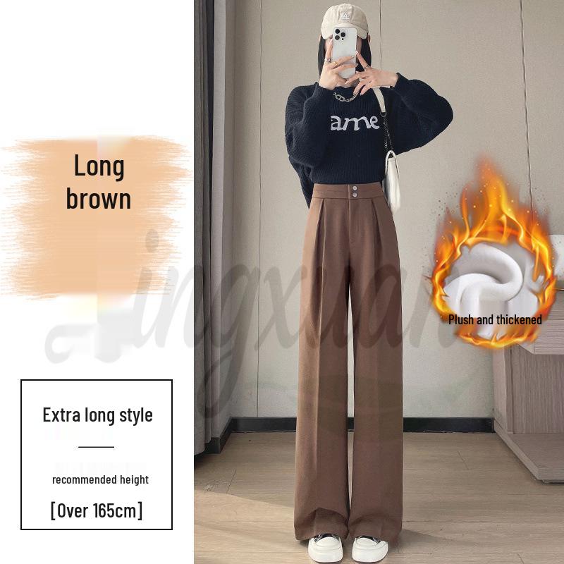 2026 Women's High Waist Velvet Wool Wide-Leg Pants - Floor Length, Slim Fit, Casual Spring Style