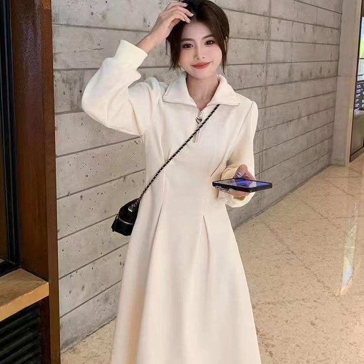 Design sense semi-zipper velvet waffle long-sleeved dress women s spring, autumn and winter new waist medium and long skirt S абрикосовый