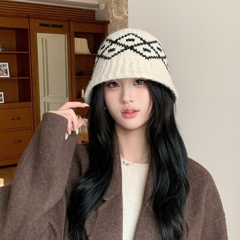 Plaid Fair Island Knitted Fisherman Hat Children's Winter Retro Face Small Thermal Basin Hat Fashion Versatile Wool Hat