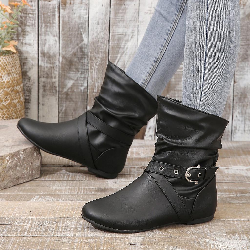 Large size short boots women's flat bottom round head pleated short tube stacking boots thermal casual versatile boots