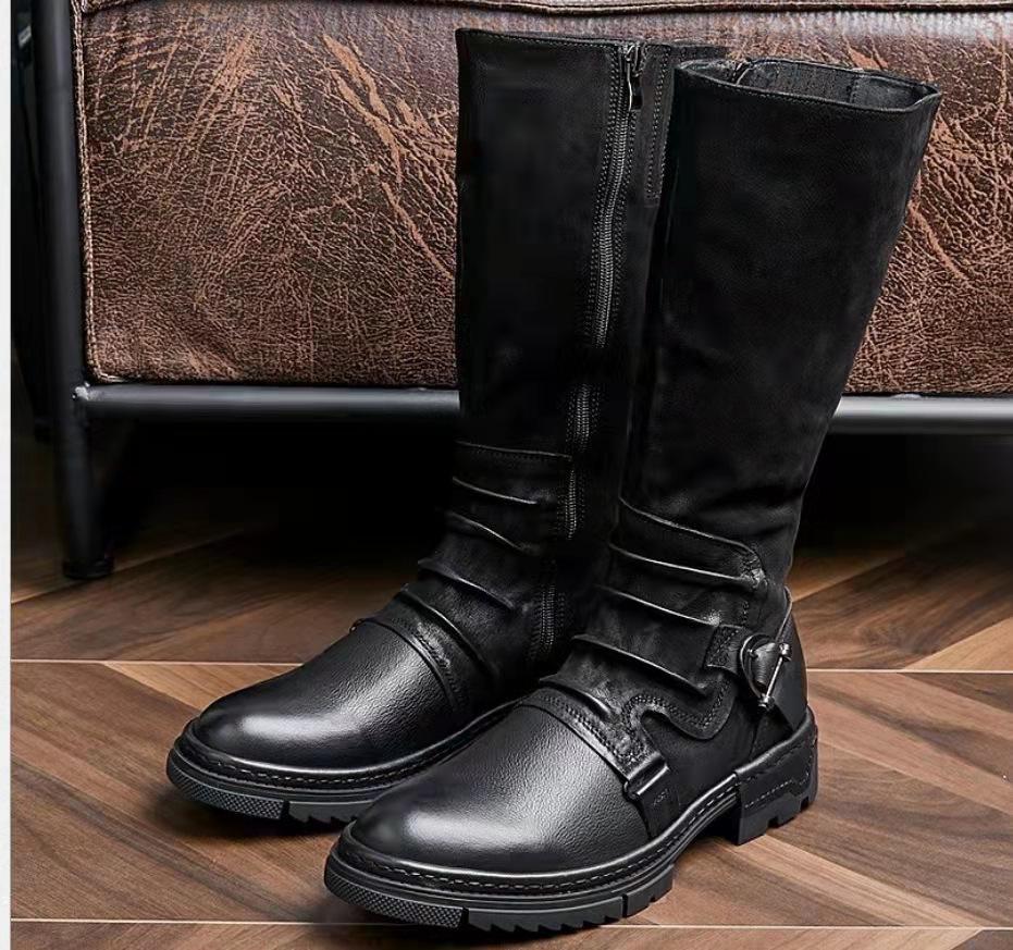 Square Heel High Top Men's Boots Large Size Winter Brown Sewing Line Solid Color Captain Jack Round Top Martin Boots