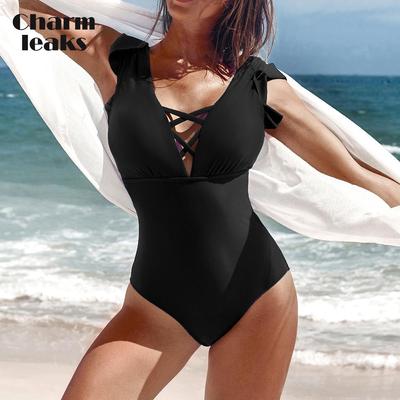 Costumi da bagno interi con volant per donna con scollo a V, costumi da bagno monokini scavati, abbigliamento da surf da spiaggia
