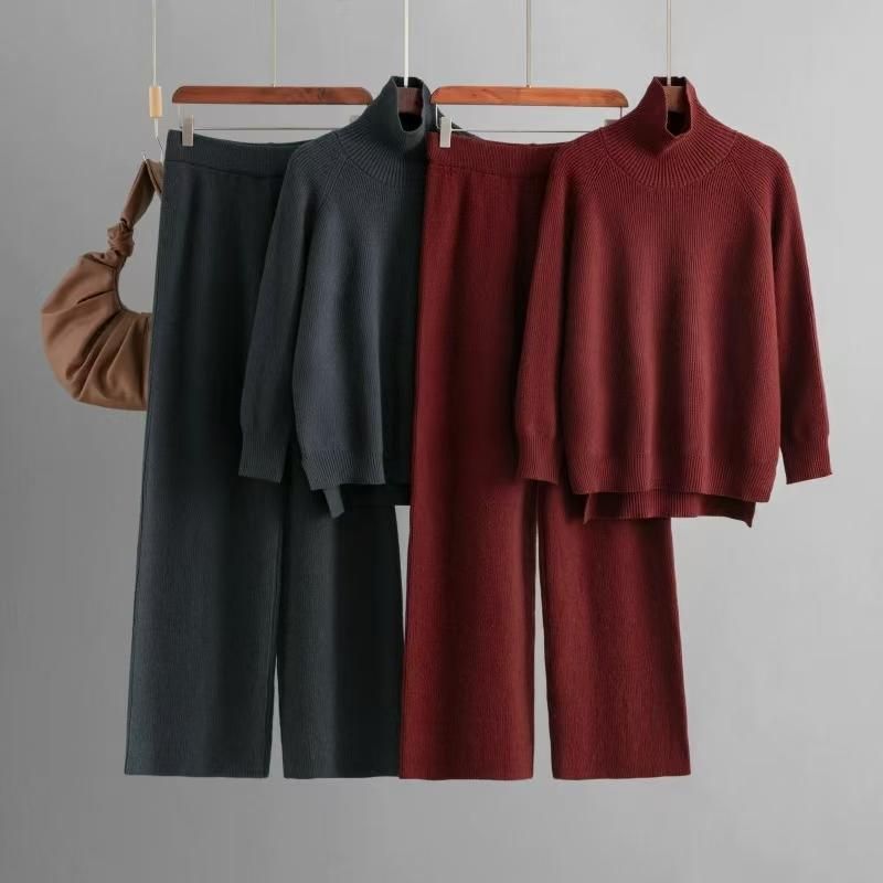 Fashion Pure Color Knitting Turtleneck Sweater Loose Pants Suit Knited Sweater and Pants Set