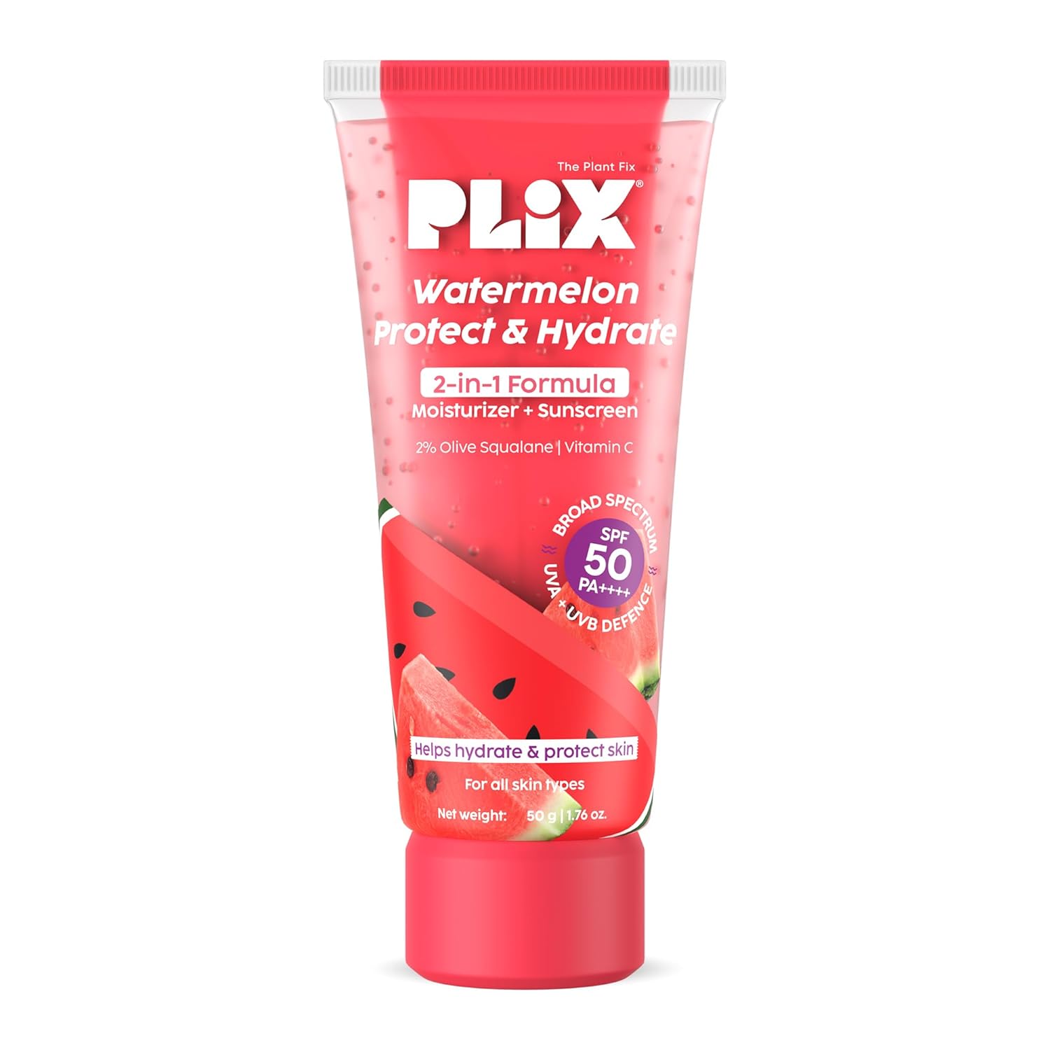

PLIX The Plant Fix Watermelon Protect And Hydrate 2 In 1 Moisturizer Sunscreen SPF 50 PA++++ Lightweight No White Cast 50 g