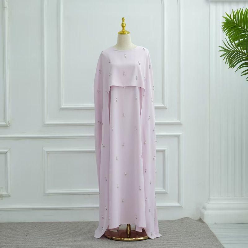 

Middle East Turkey New Fashion Solid Beads Robe Dress Two-Piece Robe and Dress Set Pink L