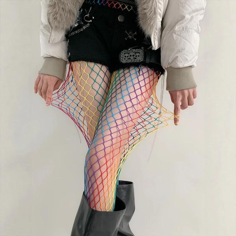 Hollowed Colorful Women Fishnet Stockings Thin Y2K Subculture Rainbow Hole Girls Mesh Tights JK Goth Street Club Stockings