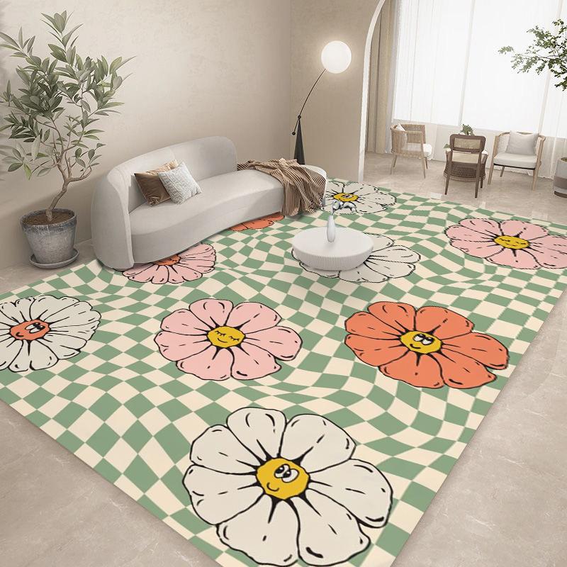 Checkered Floral Rug for Living Room Checkerboard Carpet Bedroom Bedside Rug Sofa Table Area Rug Floor Mats Anti-Slip Doormat