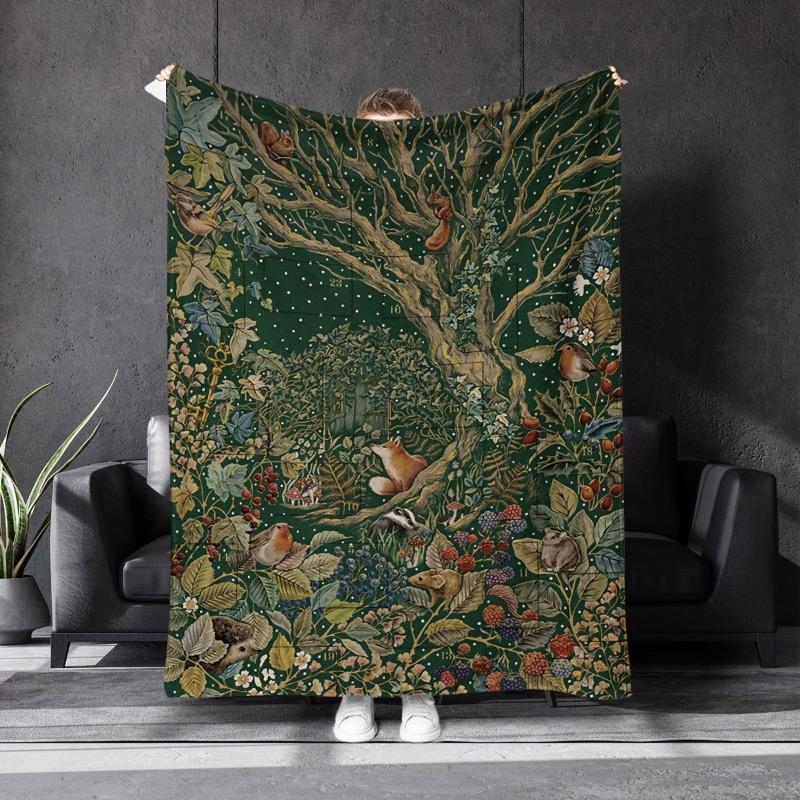 1 Forest Themed Flannel Blanket - Thickened All Season Soft Plush Bed Cover Green Leaves and Animal Prints
