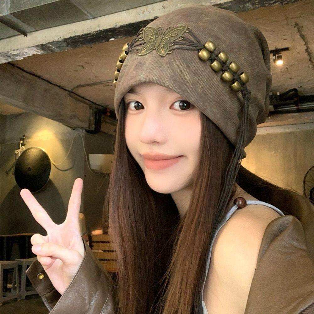 Tassels Beaded Butterfly Hat Weave Knitted Tie-dye Hat Wasteland Pullover Cap  Apparel Accessories