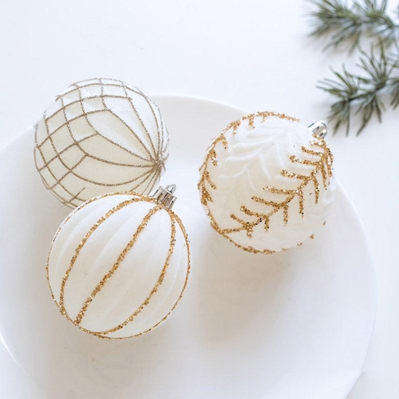 3Pcs Elegant Christmas Tree Baubles with Glitters and Pearls Festival Hanging Ornament Daily Use Home Accessory