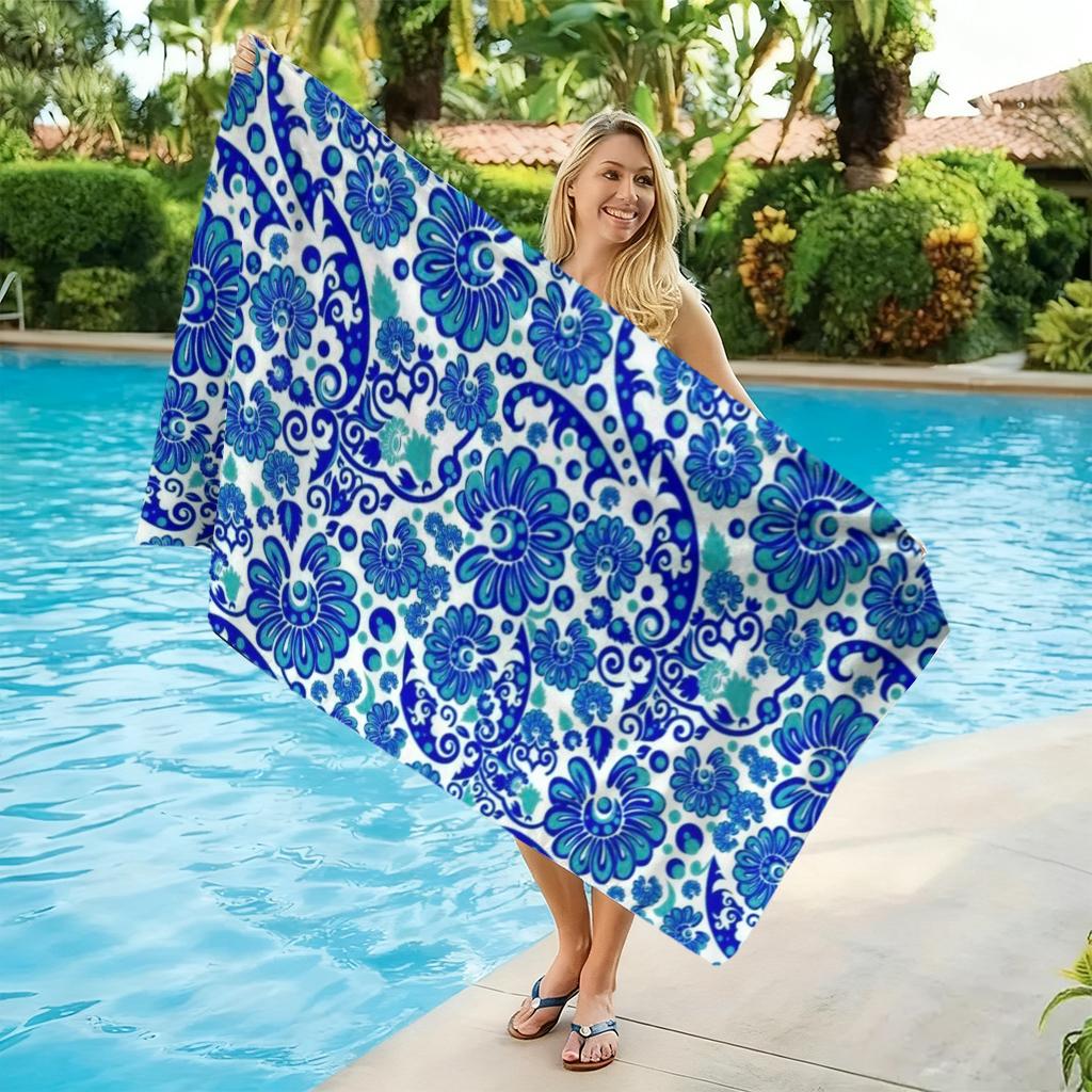 1PC Patterns of Chinese Porcelain Beach Towel Quick-drying Towel Suitable for Seaside Pool Camping Vacation Yoga For Family