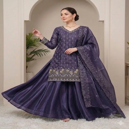 Imperial Deep Violet Organza Embroidered Salwar Suit Set M