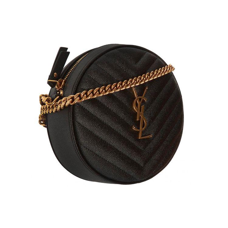 Saint Laurent Ysl Vinyle Gold Logo Chain Quilted Leather Small Round Crossbody Bag Women Bags Black 610436-1GF07-1000