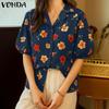 VONDA Summer Vintage Women V Neck Short Sleeve Floral Print Holiday Casual Blouse