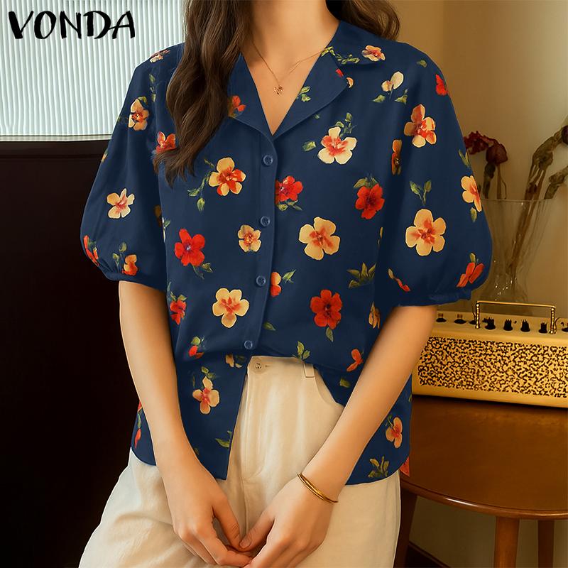 VONDA Summer Vintage Women V Neck Short Sleeve Floral Print Holiday Casual Blouse