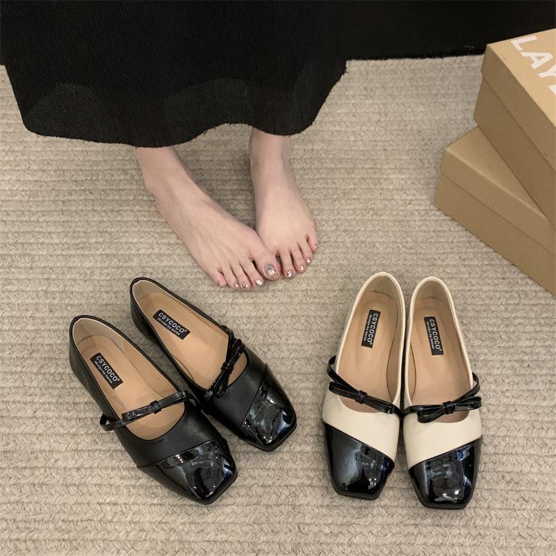 Fashion French Shallow Single Shoe Women's 2025 Spring Autumn New Evening Flat Shoe Square Head Mixed Black Mary Sandals Polyurethane So