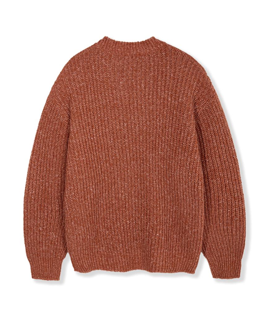 Nodu Adn Heathered Hacci Round Neck Semi-Oversized Long Sleeve Knit Cardigan [Orange]